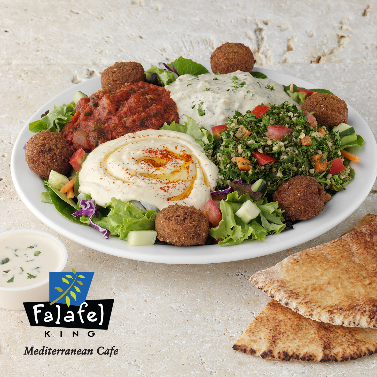 4-by-6 Plate|Falafel balls plus 4 Mediterranean sides. Served with fresh mixed greens & pita.