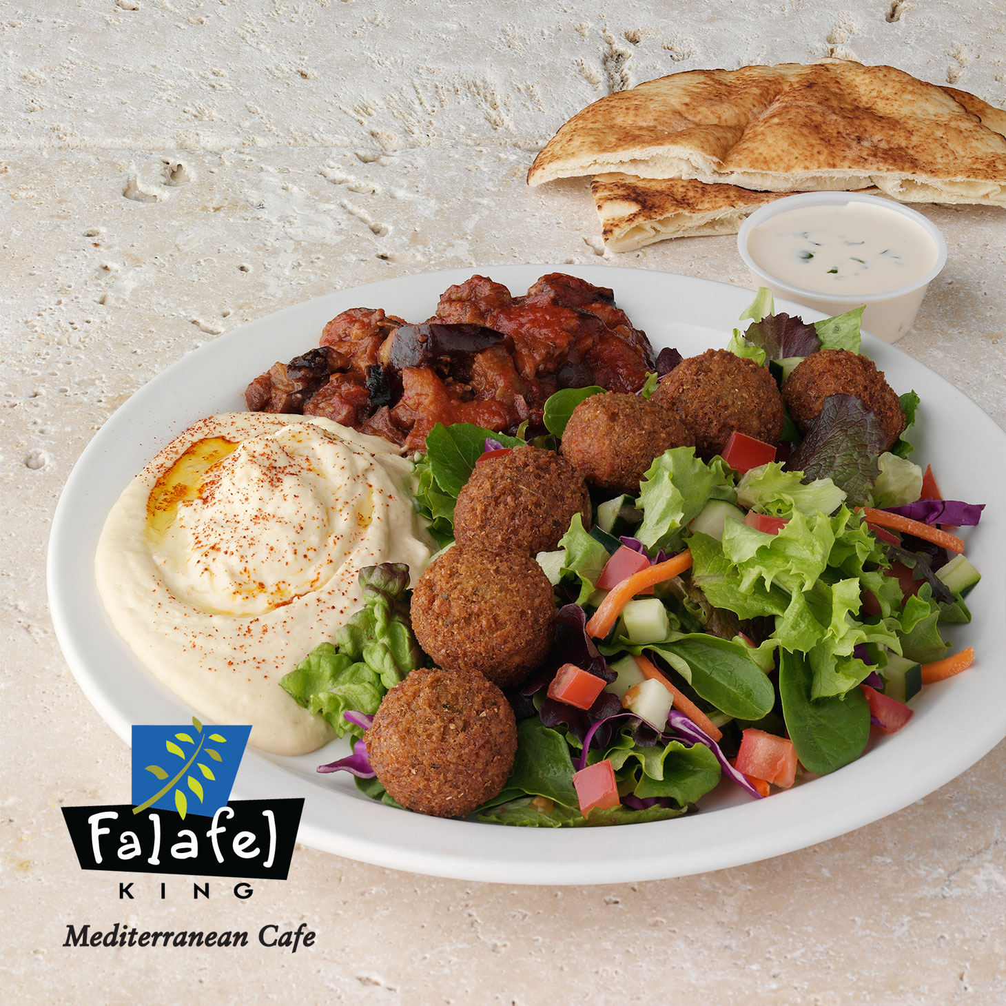 Falafel Plate|6 Falafel balls plus 2 Mediterranean sides. Served with fresh mixed greens & pita.